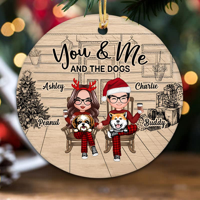 Couple And The Dogs Front Porch Personalized Christmas Circle Ornament
