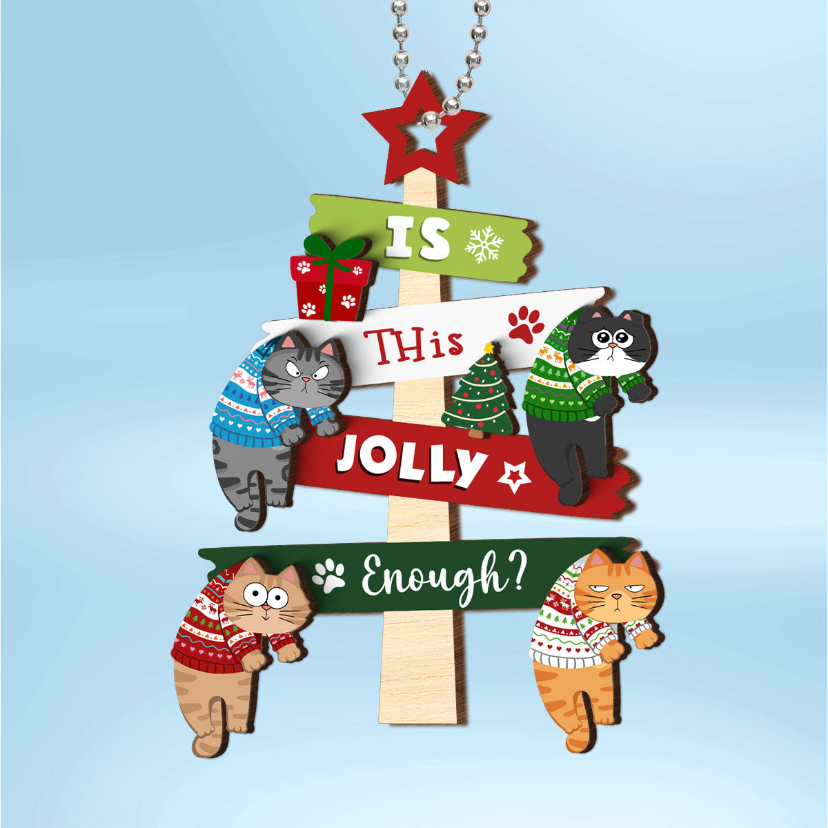 Is This Jolly Enough Naughty Cats On Christmas Tree Personalized 2-Layer Wooden Ornament