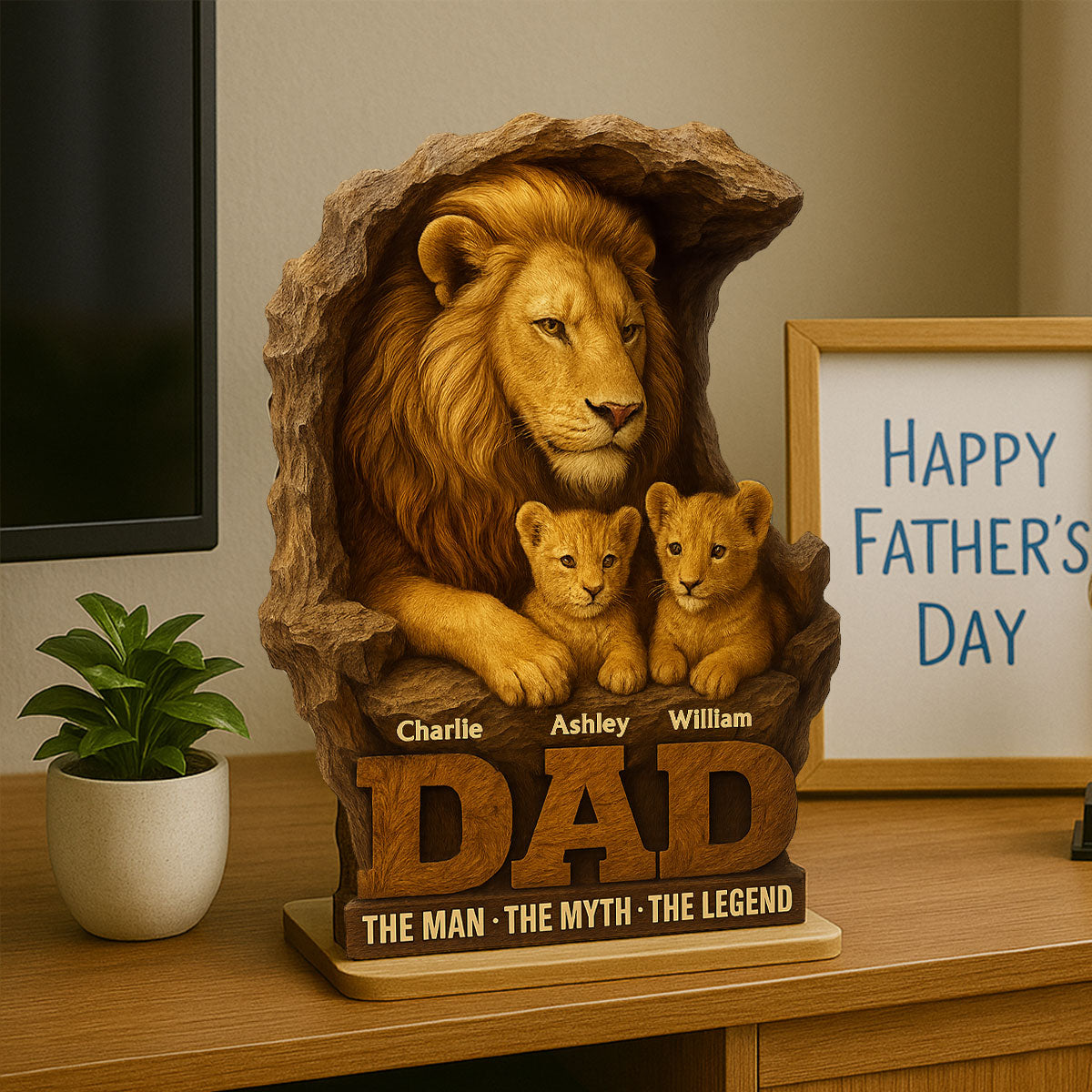 Lion Dad And Kids Personalized 2- Layer Standing Wooden Plaque, Unique Father's Day Gift For Dad