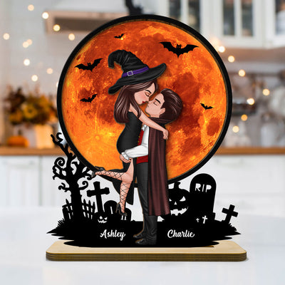 Couple Hugging Under Halloween Moon Tabletop Tier Tray Decor Personalized 2-Layer Standing Wooden Plaque