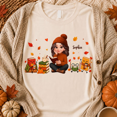 Cozy Fall Vibe Just A Woman Who Loves Books Cute Doodle Kawaii Style - Personalized Shirt - Fall Gift For Book Lovers