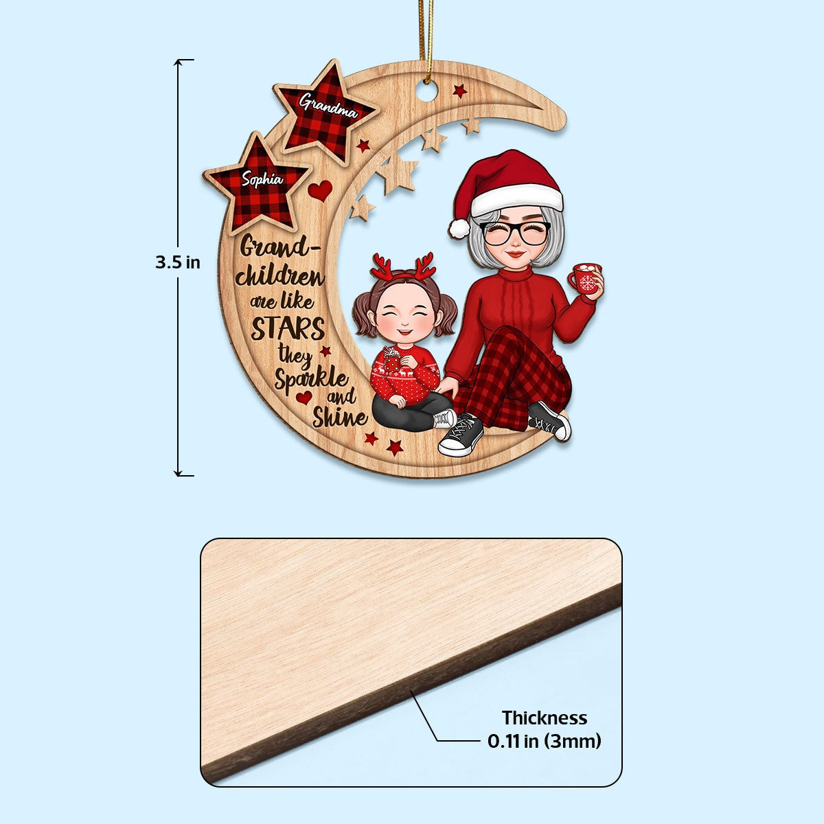Grandchildren Are Like Stars Grandma Grandkids Sitting On Moon Personalized Wooden Ornament