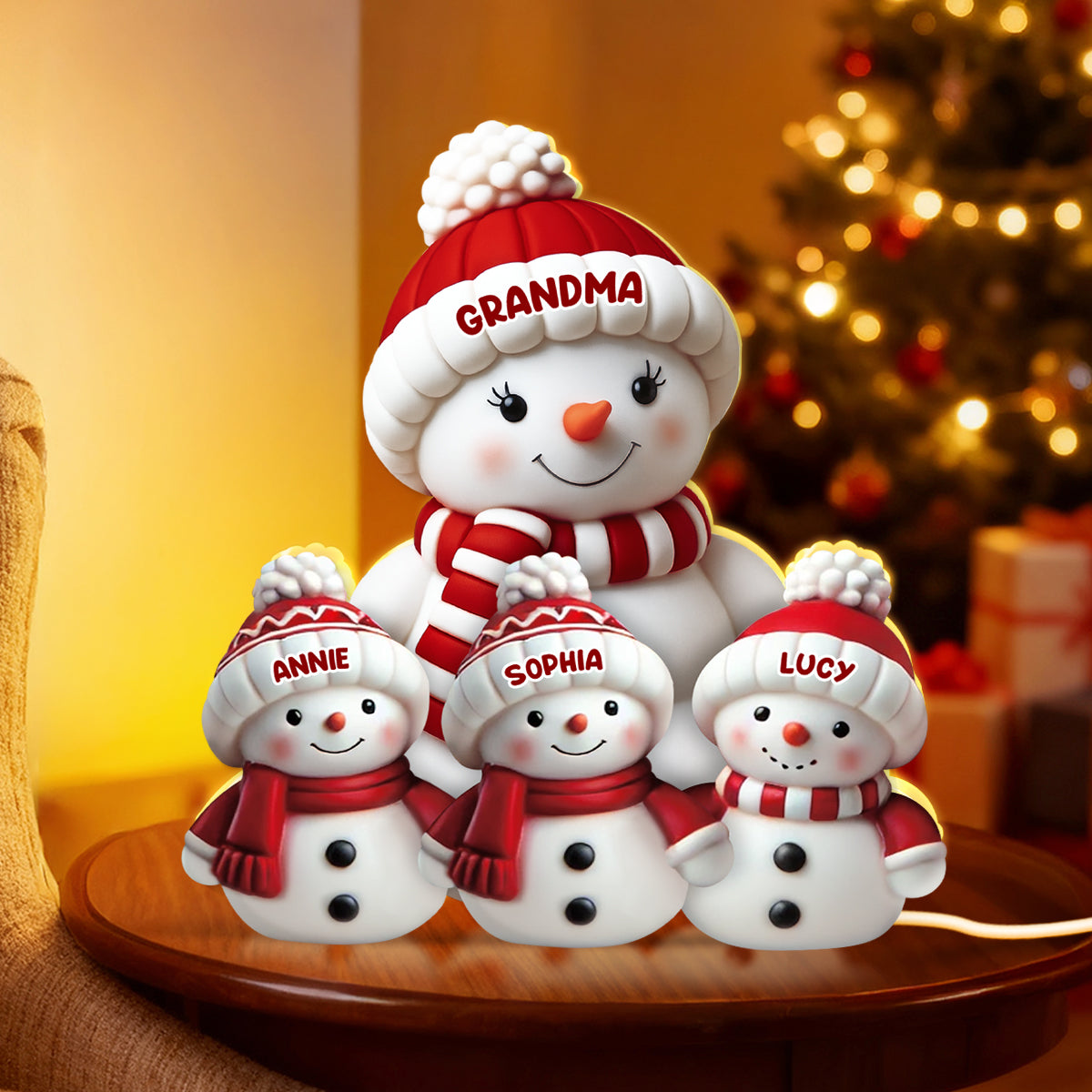 3D Effect Cute Snowman Grandma & Grandkids - Personalized Light Box - Christmas Decor For Family, Grandma