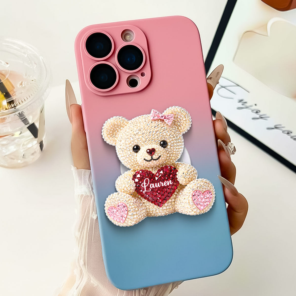 Rhinestone Teddy Bear Valentine - Personalized Acrylic Magnetic Phone Grip - Anniversary, Valentine's Day Gift, Gift For Her