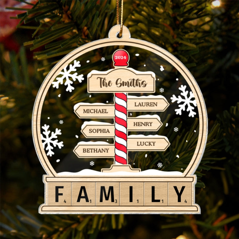 Family North Pole Sign In Snow Globe Personalized Acrylic Ornament, Christmas Gift
