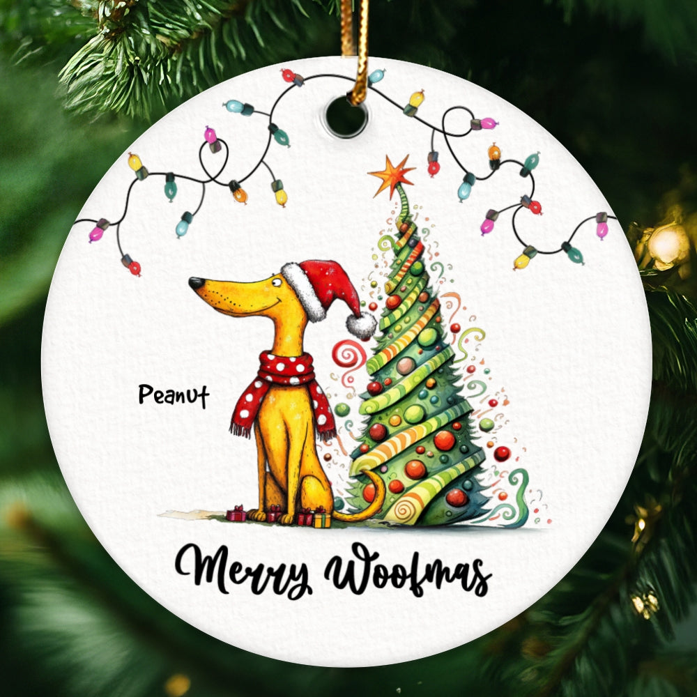 Quirky Christmas Dog Whimsical Funny Silly Pups Puppy Personalized Circle Ceramic Ornament
