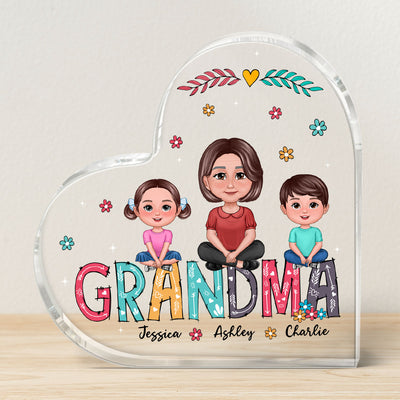 Pretty Doll Grandma And Kids Sitting On Colorful Text Personalized Heart Acrylic Plaque