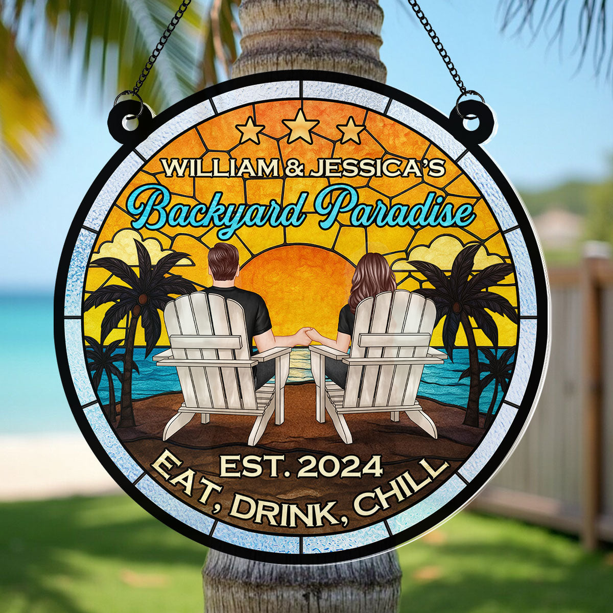 Couple Poolside Backyard Paradise Personalized Acrylic Suncatcher