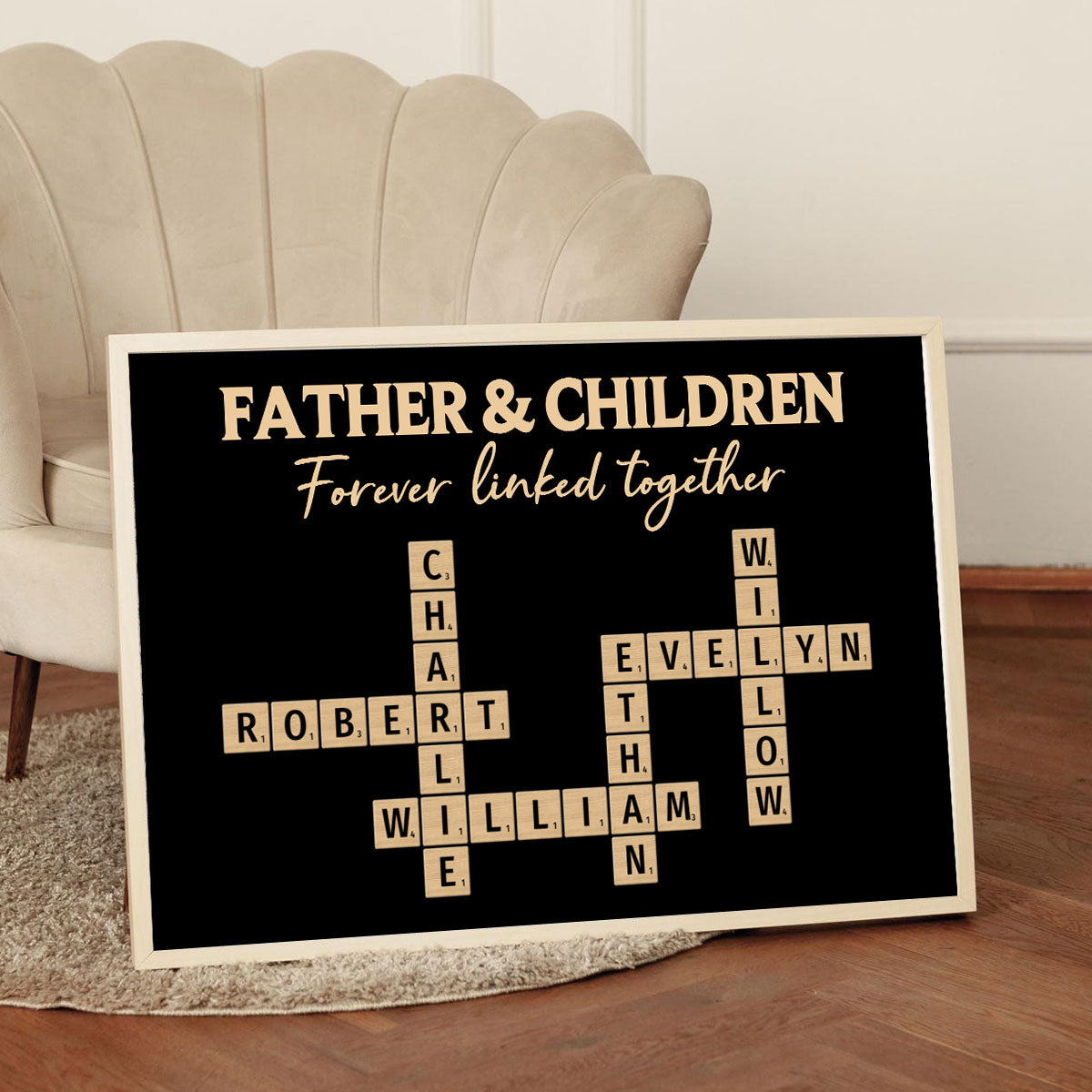 Father & Daughters Sons Forever Linked Together Crossword Puzzle Art Rustic Personalized Poster, Heartfelt Gift For Dad