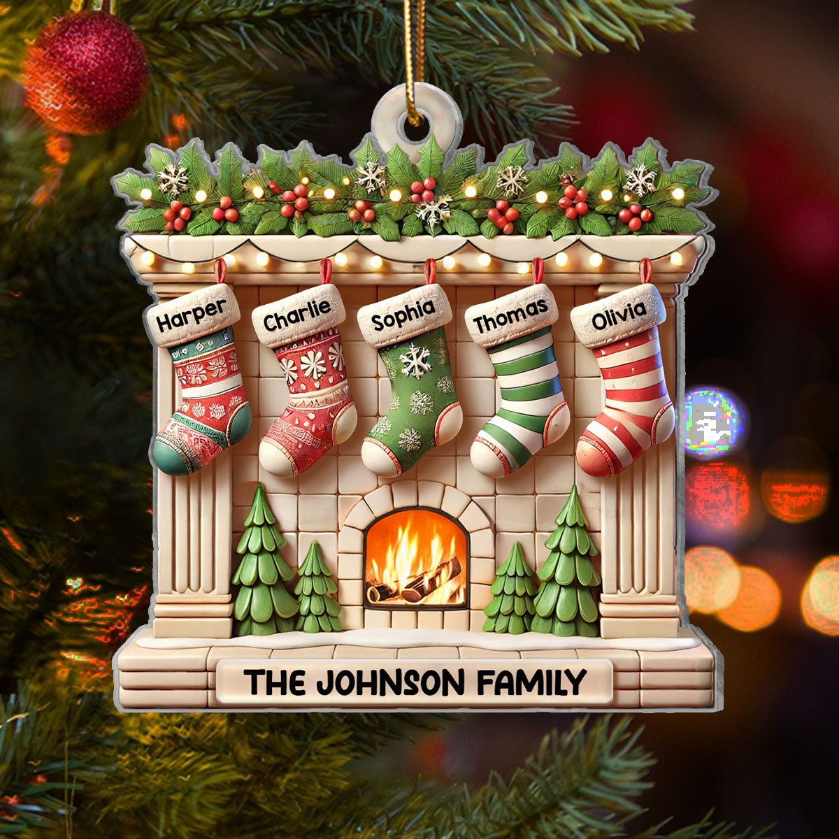 Realistic Family Christmas Stockings On Mantel 3D Effect Personalized Acrylic Ornament