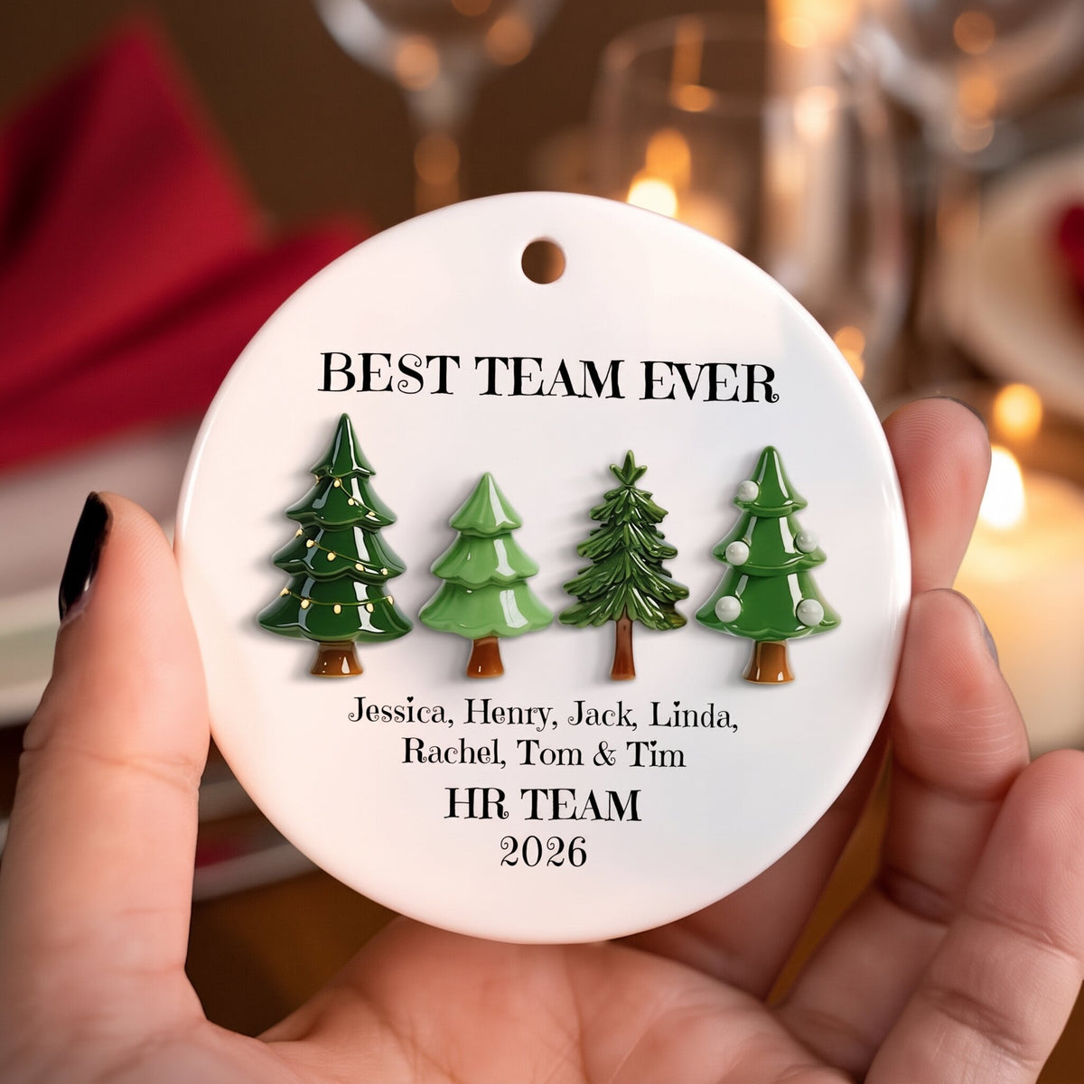 Best Team Ever Christmas Tree Line 3D Effect - Personalized Ceramic Ornament - Gift For Colleagues, Coworkers