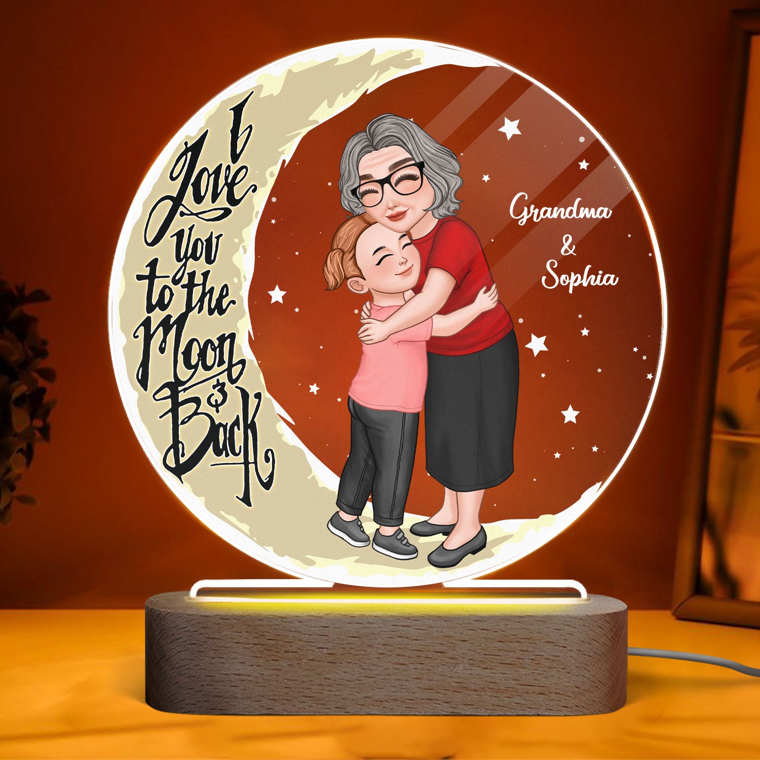 Grandma Hugging Grandkid Love You To The Moon And Back Personalized Acrylic LED Night Light, Gift For Grandma, Granddaughter, Grandson