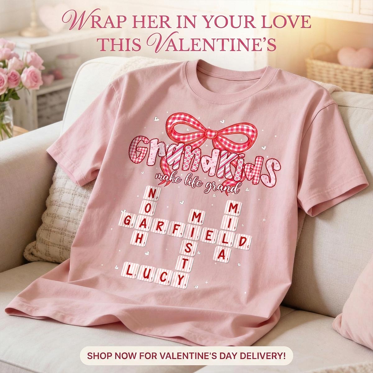 Grandkids Make Life Grand Preppy Valentine Pattern Crossword Puzzle Art - Personalized Shirt - Valentine's Day Gift For Grandma