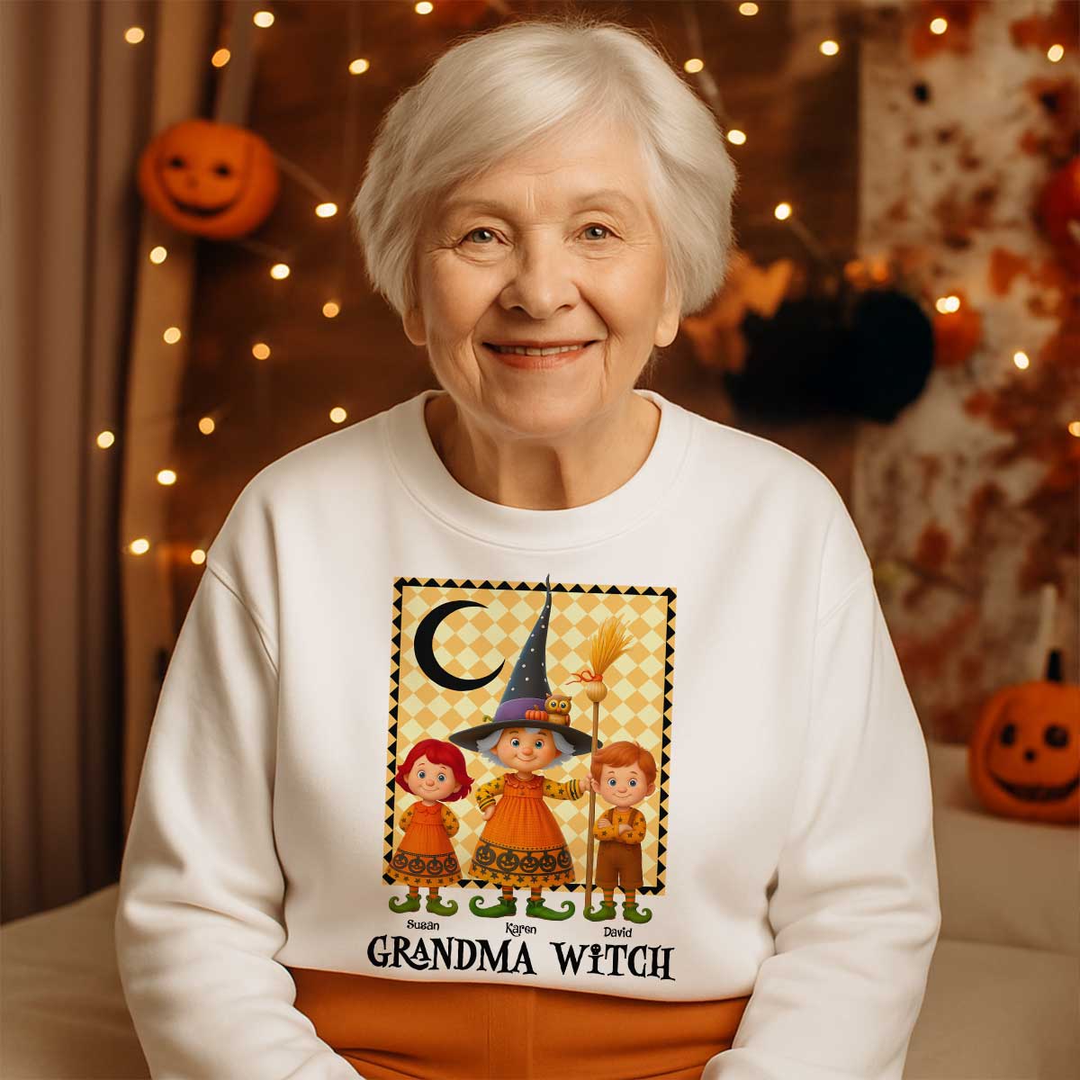 Grandma Witch & Cute Grandkids Personalized Sweatshirt, Halloween Cozy Fall Sweatshirt for Grandma