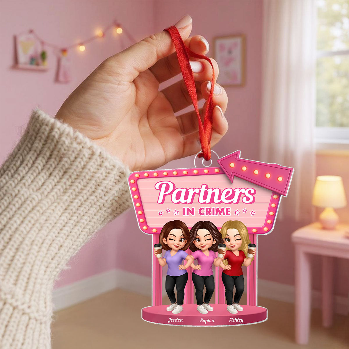 Besties Sisters 3D Effect Pink Sign Personalized Acrylic Ornament