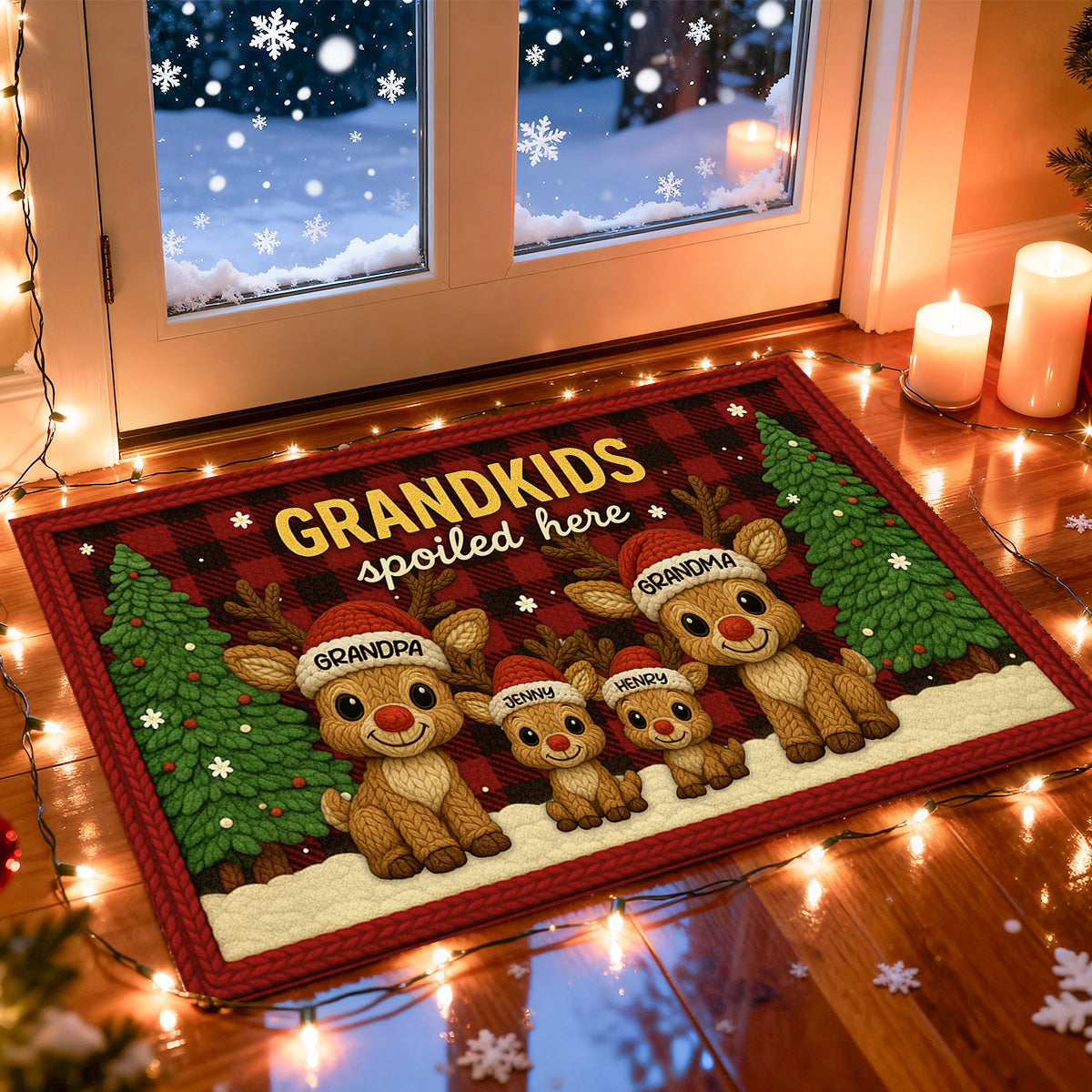 Grandma Grandpa Reindeers Crochet Faux Yarn Texture - Personalized Doormat - Christmas Decoration