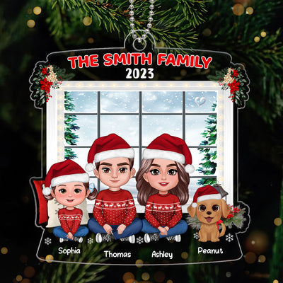 Family Crossed Legs Sitting By Window Dad Mom Kids Dogs Cats Personalized Acrylic Ornament