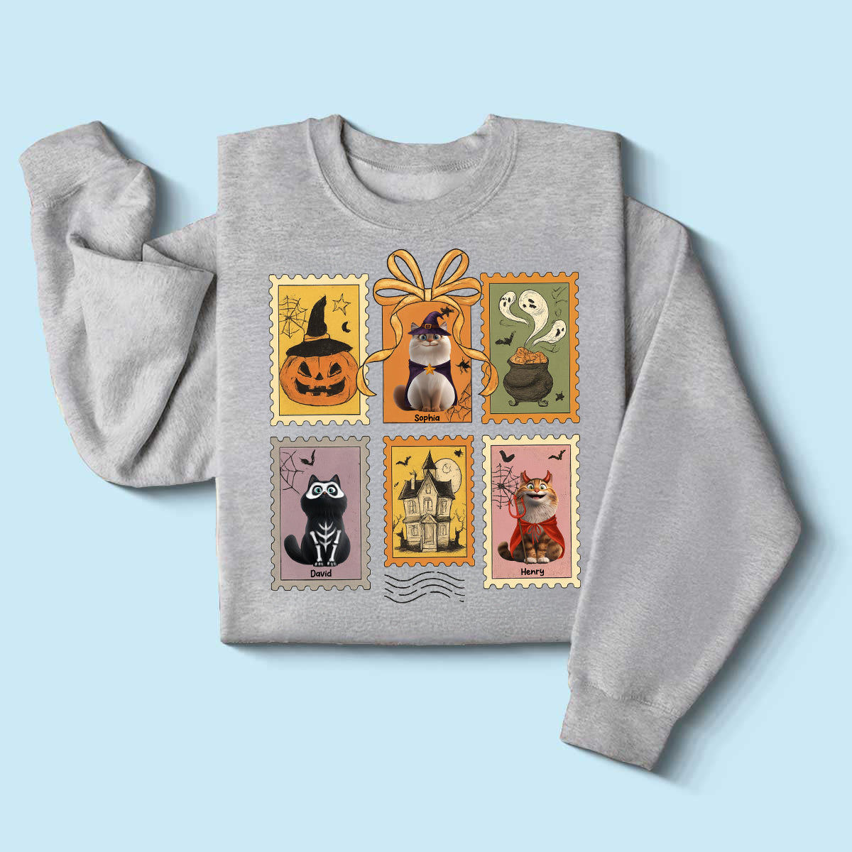 Cute Cats Retro Halloween Postage Stamp Sweatshirt – Cute & Spooky Fall Personalized Sweatshirt