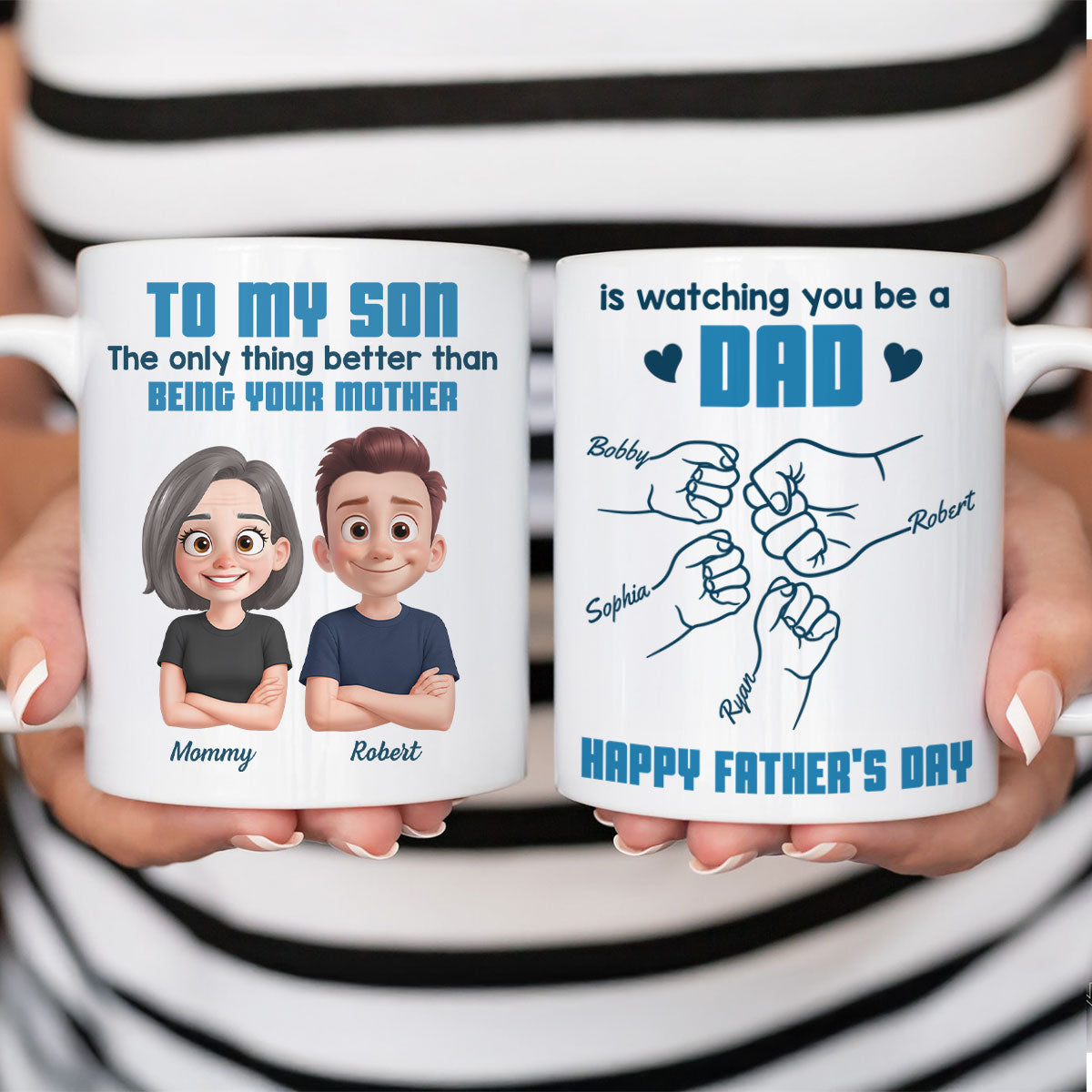 From Mom To Son Watching You Be A Dad Cartoon Style Fist Bump Personalized Mug, Father's Day Gift For Son