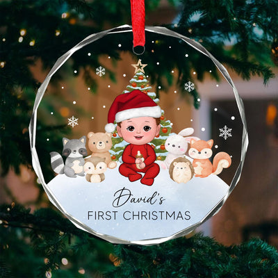 Woodland Animal Baby's First Christmas Personalized Glass Ornament