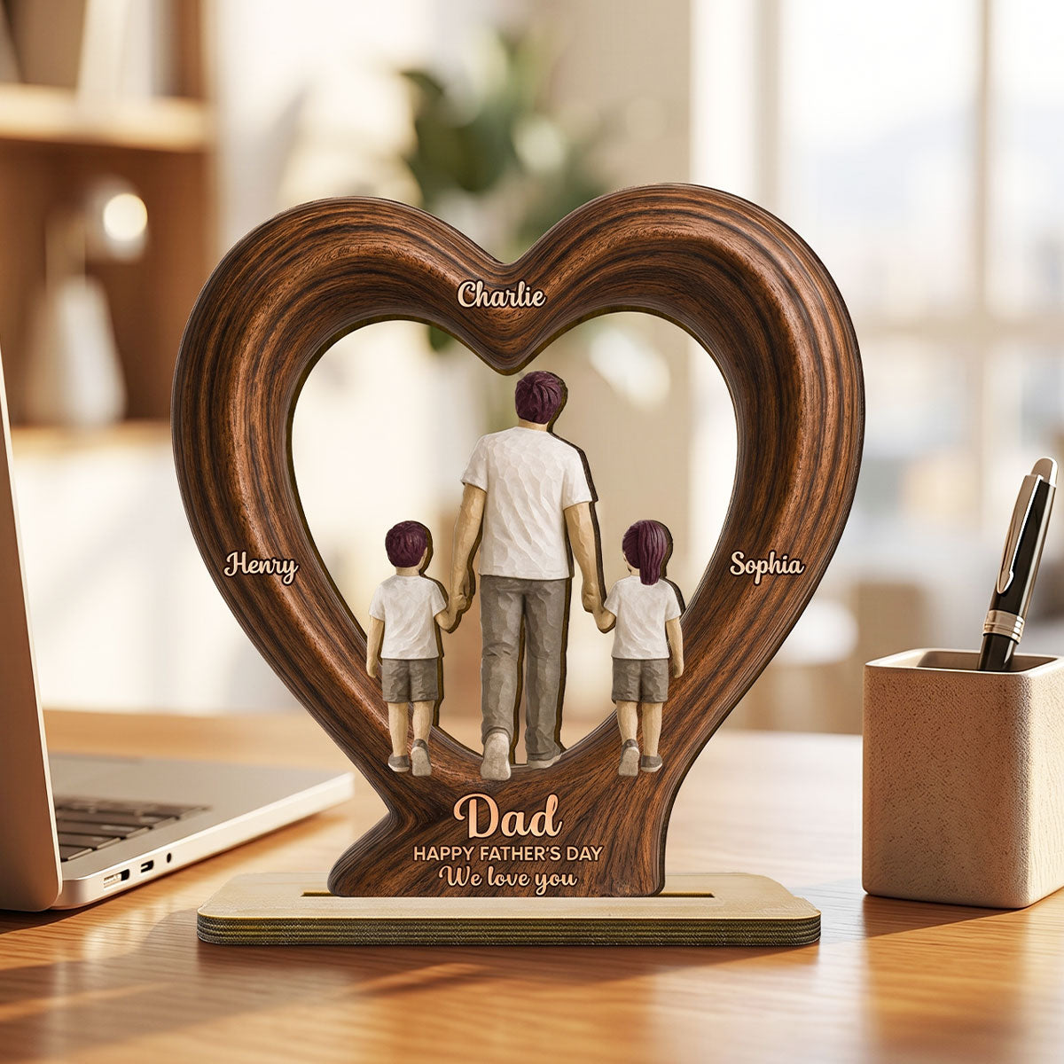 Sentimental Rustic Dad And Kids Walking In Heart 2D Flat - Personalized 2-Layered Wooden Plaque - Father's Day Gift For Dad, Husband
