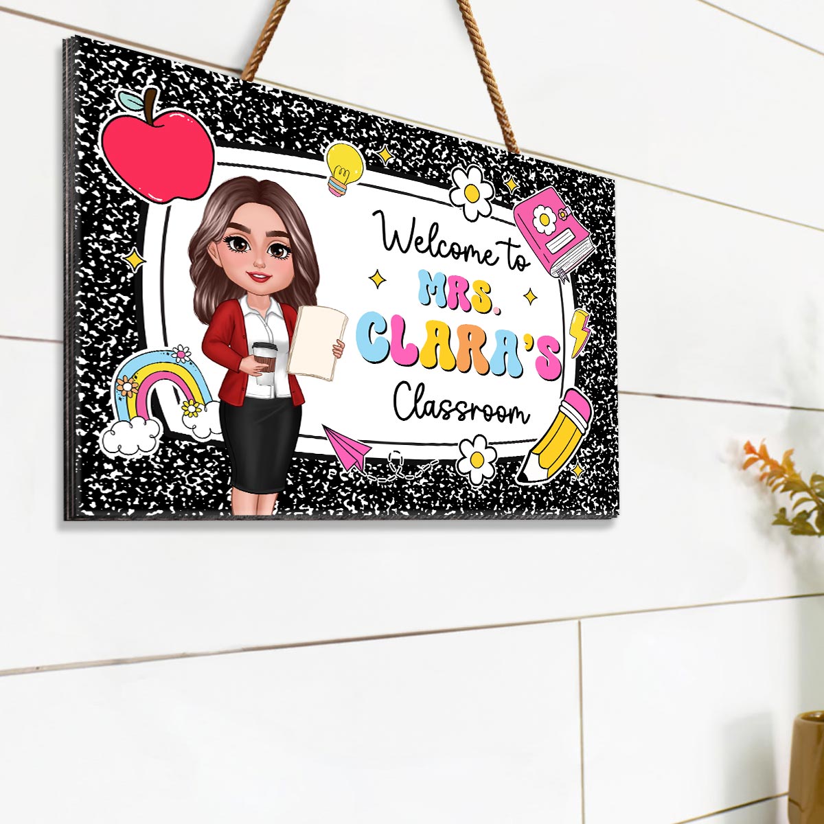 Teacher Composition Book Pattern Personalized Wood Sign, Back To School Gift