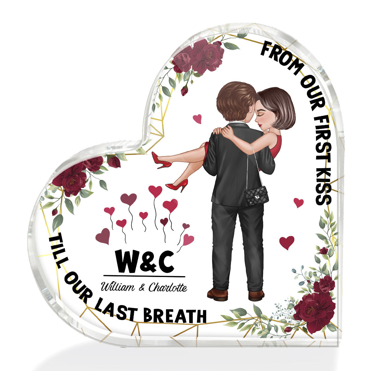 Embracing Hugging Doll Couple Floral Frame Personalized Heart Acrylic Plaque