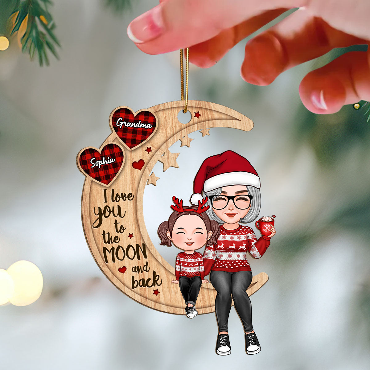 Checkered Pattern Heart Cute Grandma & Grandkid Sitting Crossed Legs On Moon Personalized Wooden Ornament