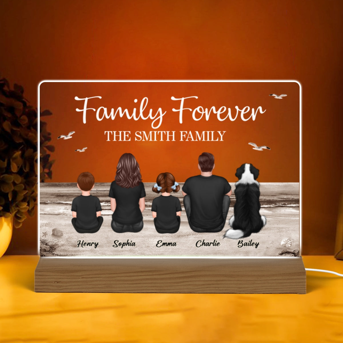 Retro Vintage Family Sitting Beach Landscape Personalized Custom Shape Acrylic Plaque LED Night Light