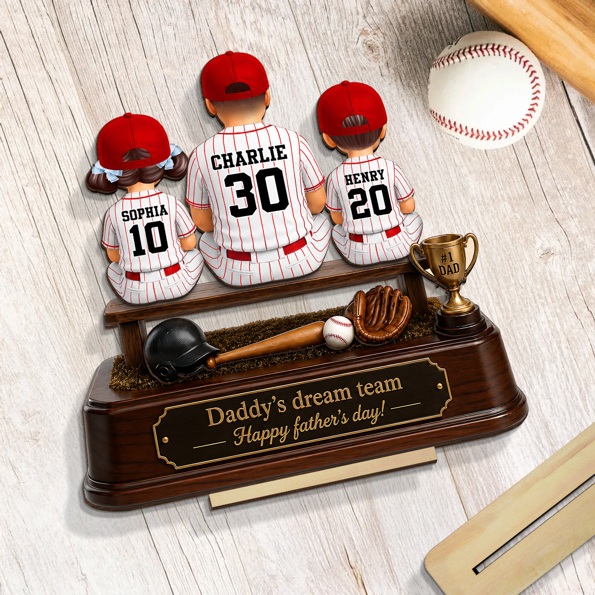 Baseball Daddy's Dream Team - Personalized 2-Layered Wooden Plaque - Father's Day Gift for Dad, Husband