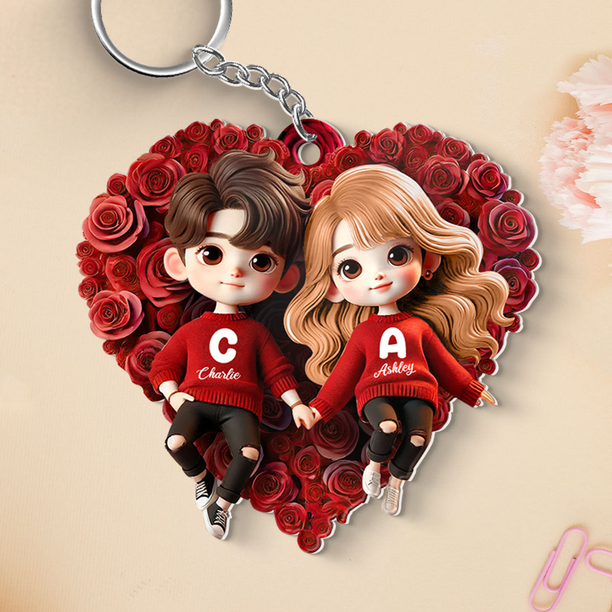 Cute Couple Lying On Rose Heart Personalized Acrylic Keychain, Gift For Him, Gift For Her, Gift For Valentine's Day