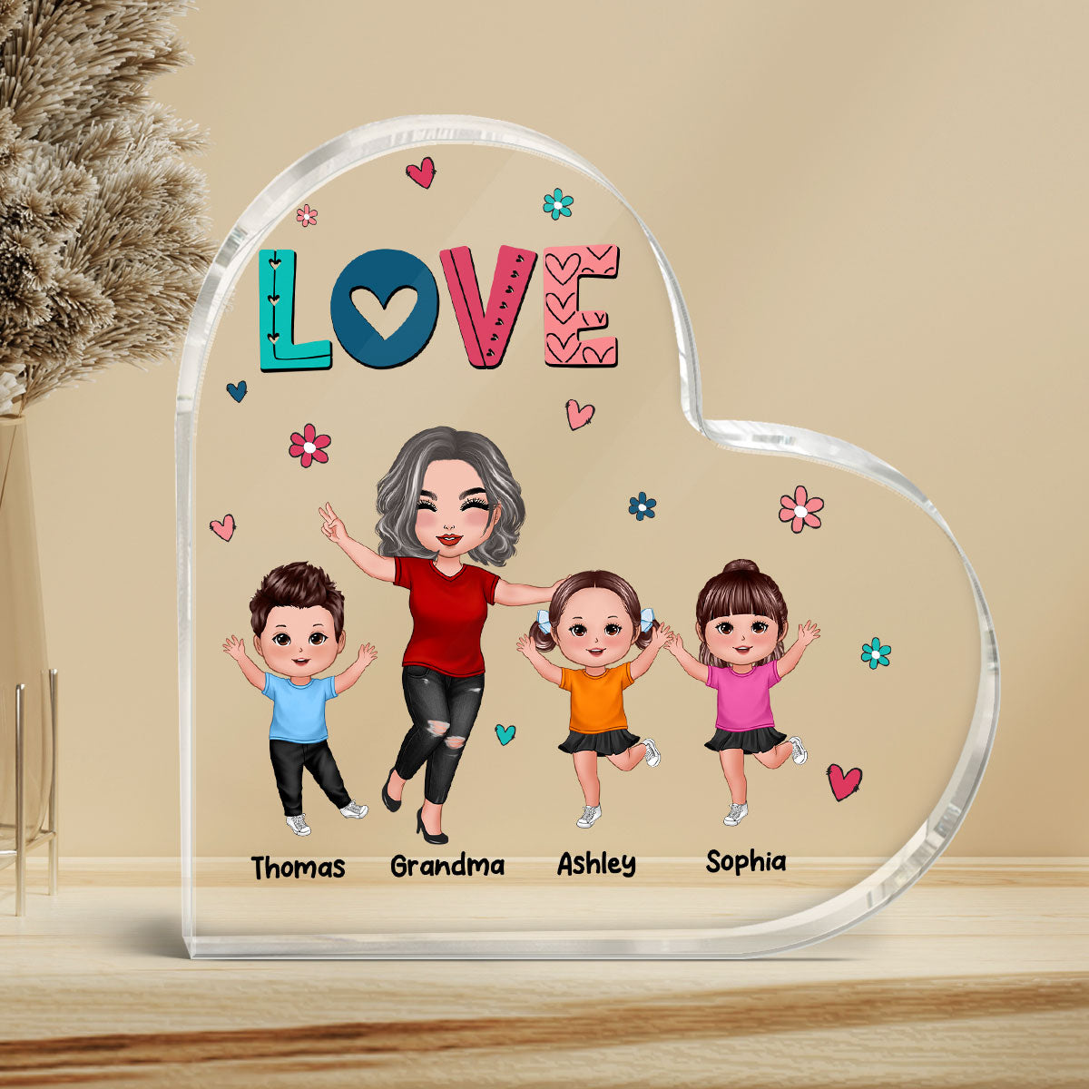 Grandma Mom Love Cute Colorful Pattern Personalized Acrylic Heart Plaque