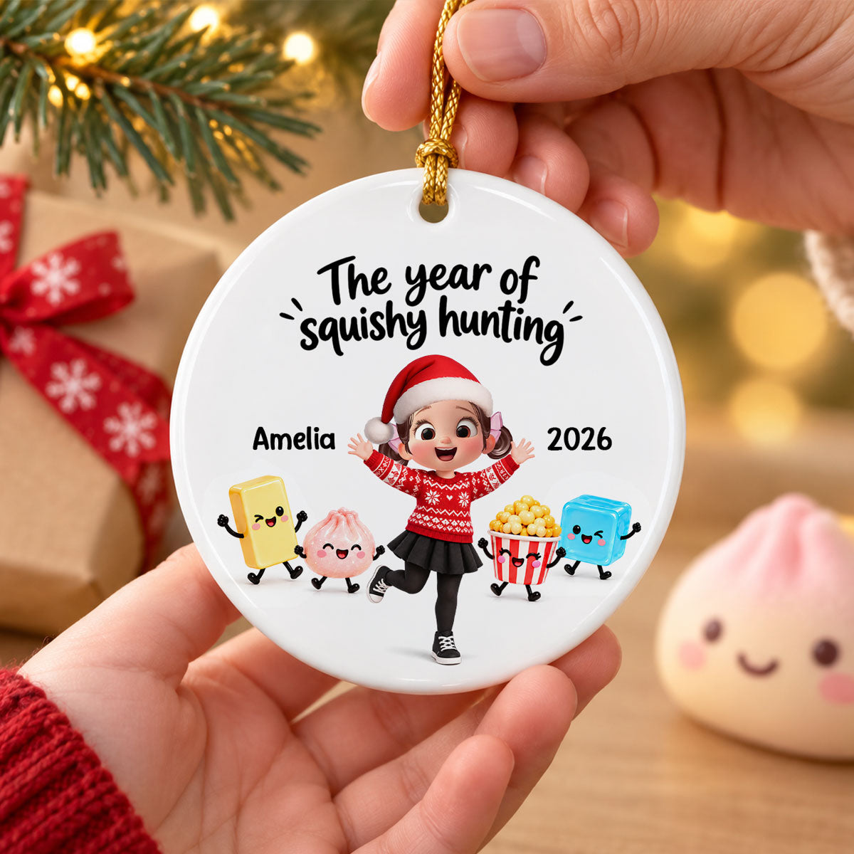 Cute Girl Boy The Year Of Squishy Hunting - Personalized Ceramic Ornament - Christmas Gift For Daughter, Son, Grandchildren, 2026 Keepsake