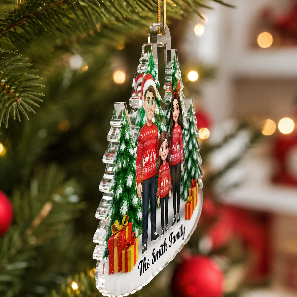 Cartoon Family Portrait From Photo Christmas Tree - Personalized Acrylic Ornament - Christmas Keepsake