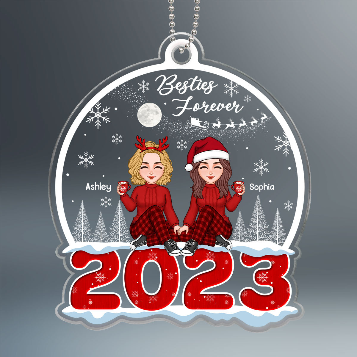 Cute Besties Sisters Sitting On Snow 2023 Christmas Sleigh Personalized Acrylic Ornament