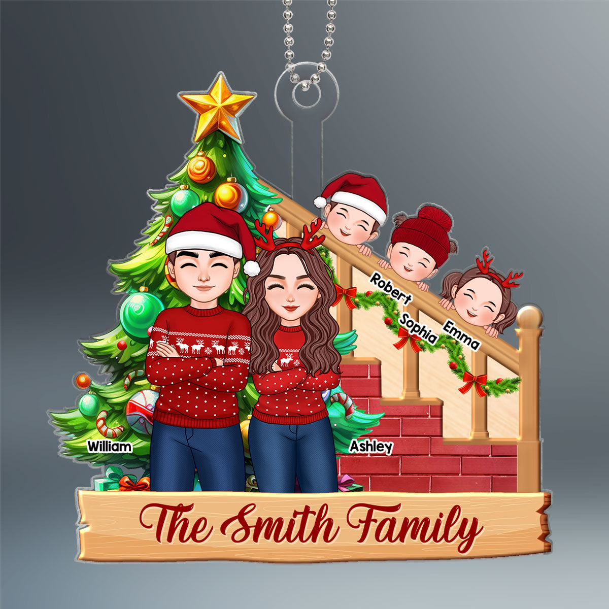 Cute Family Sitting By The Christmas Tree Personalized Acrylic Ornament
