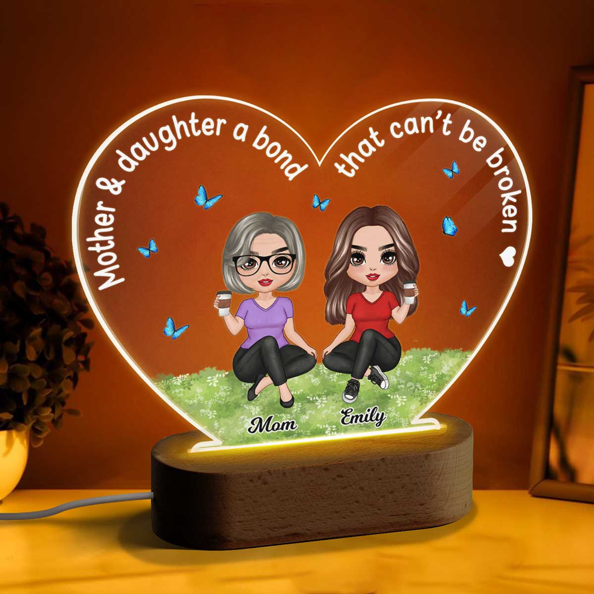Doll Mother Daughter A Bond That Can‘t Be Broken Personalized Heart Acrylic Plaque LED Lamp Night Light