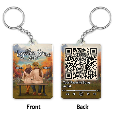 Fall Season Landscape Couple Back View Sitting Favorite Song QR Code Personalized Acrylic Keychain