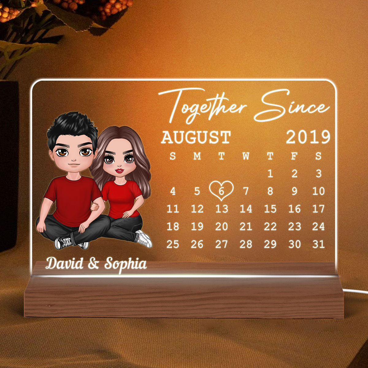 Doll Couple Embracing Sitting Anniversary Date Calendar Rectangle Personalized Custom Shape Acrylic Plaque With LED Night Light - Anniversary Gift For Couple - Gift For Him - Gift For Her