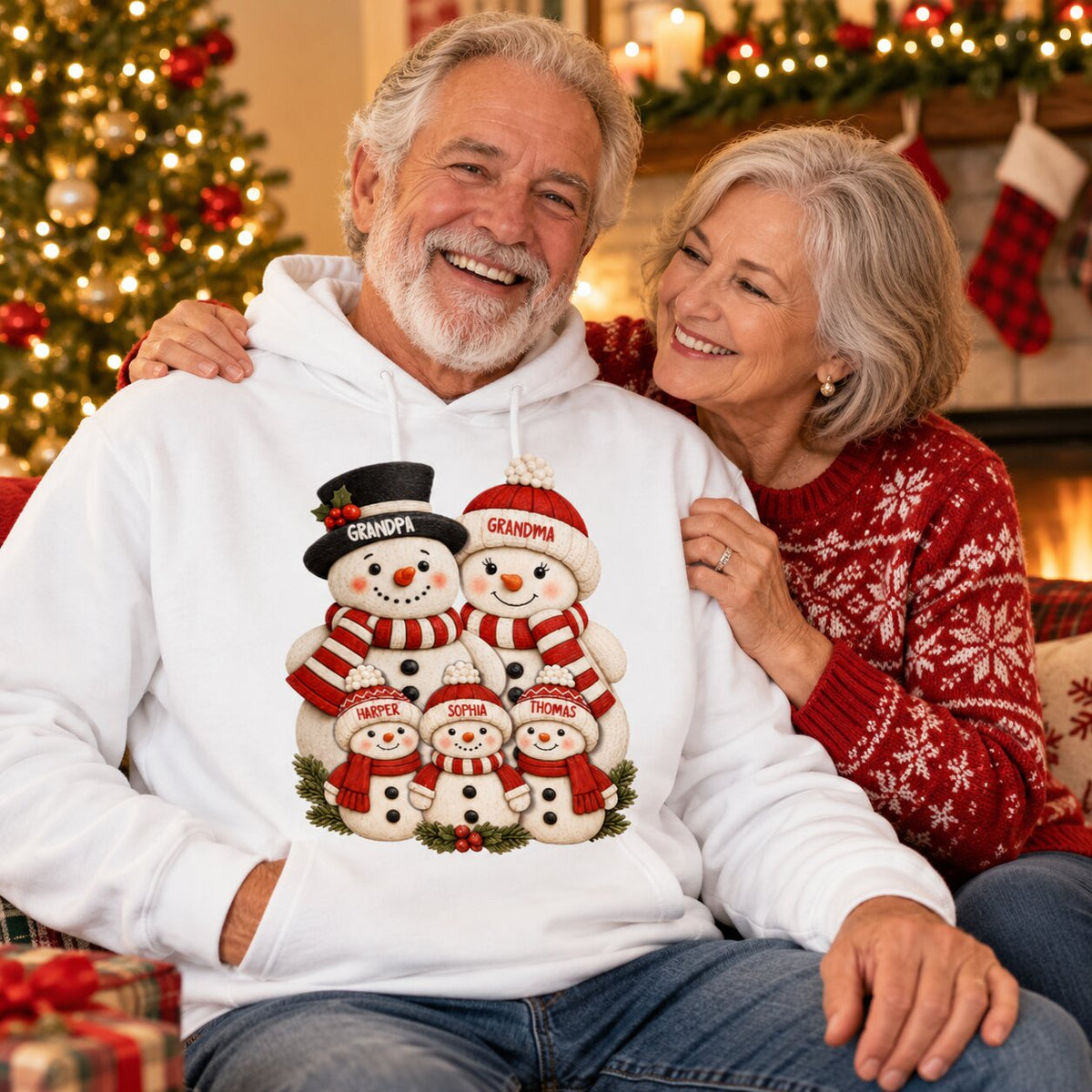 Cute Snowman Grandparents & Grandkids 2D Flat Printed - Personalized Shirt - Christmas Decor For Family, Grandma, Grandpa