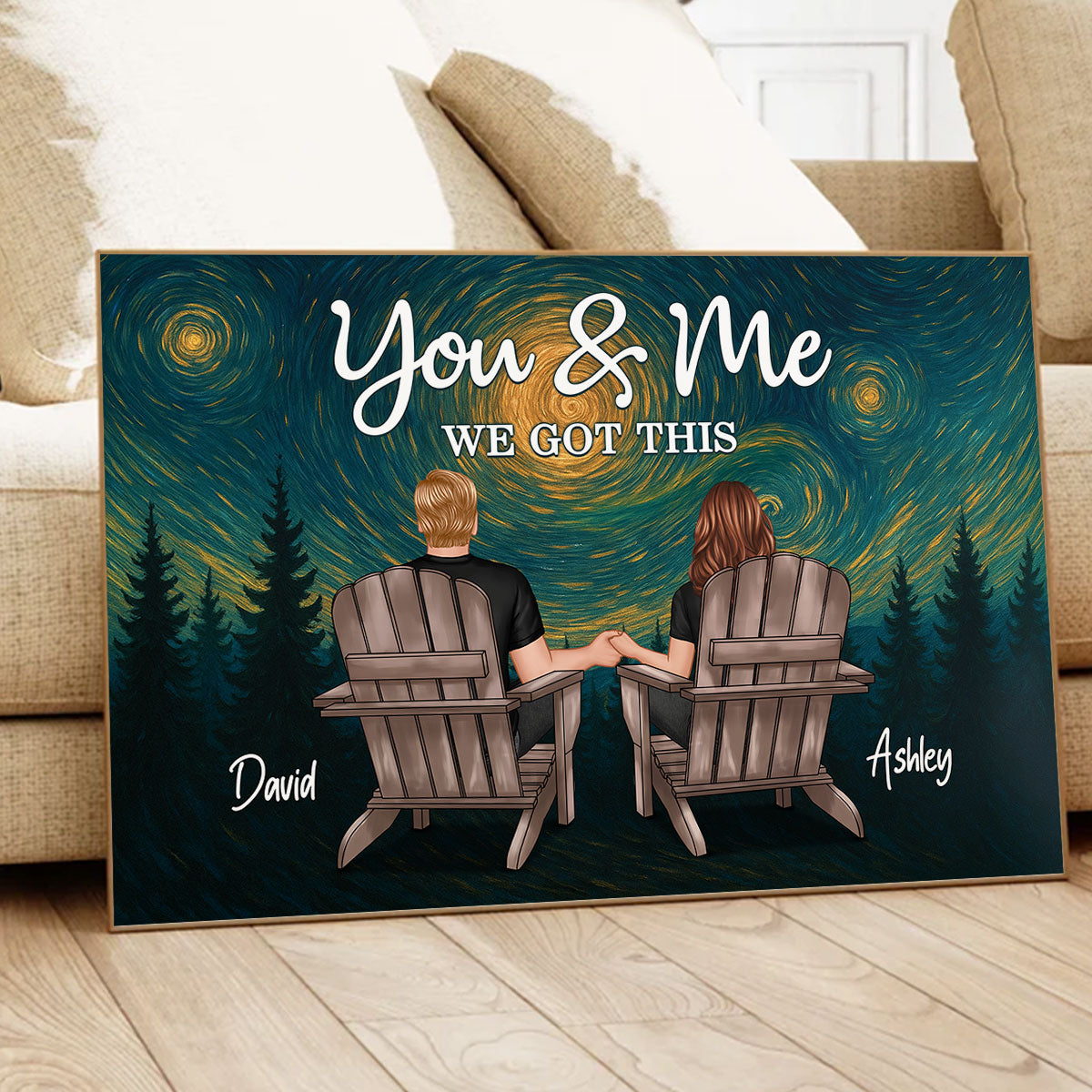 Couple Sitting Back View Night Sky Art Personalized Poster