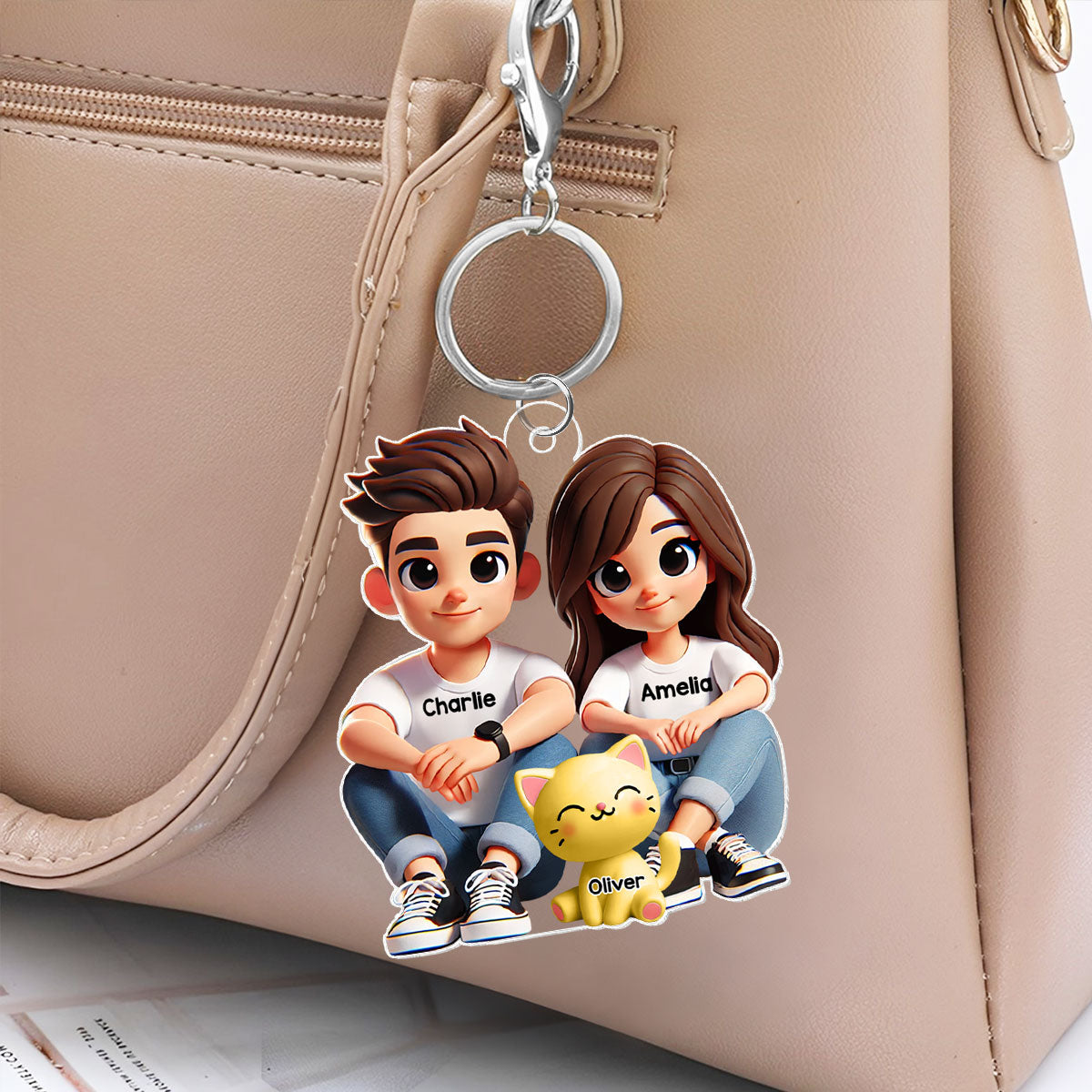 3D Effect Cute Couple And Dogs Cats Sitting Personalized Acrylic Keychain, Anniversary Gift,  gift
