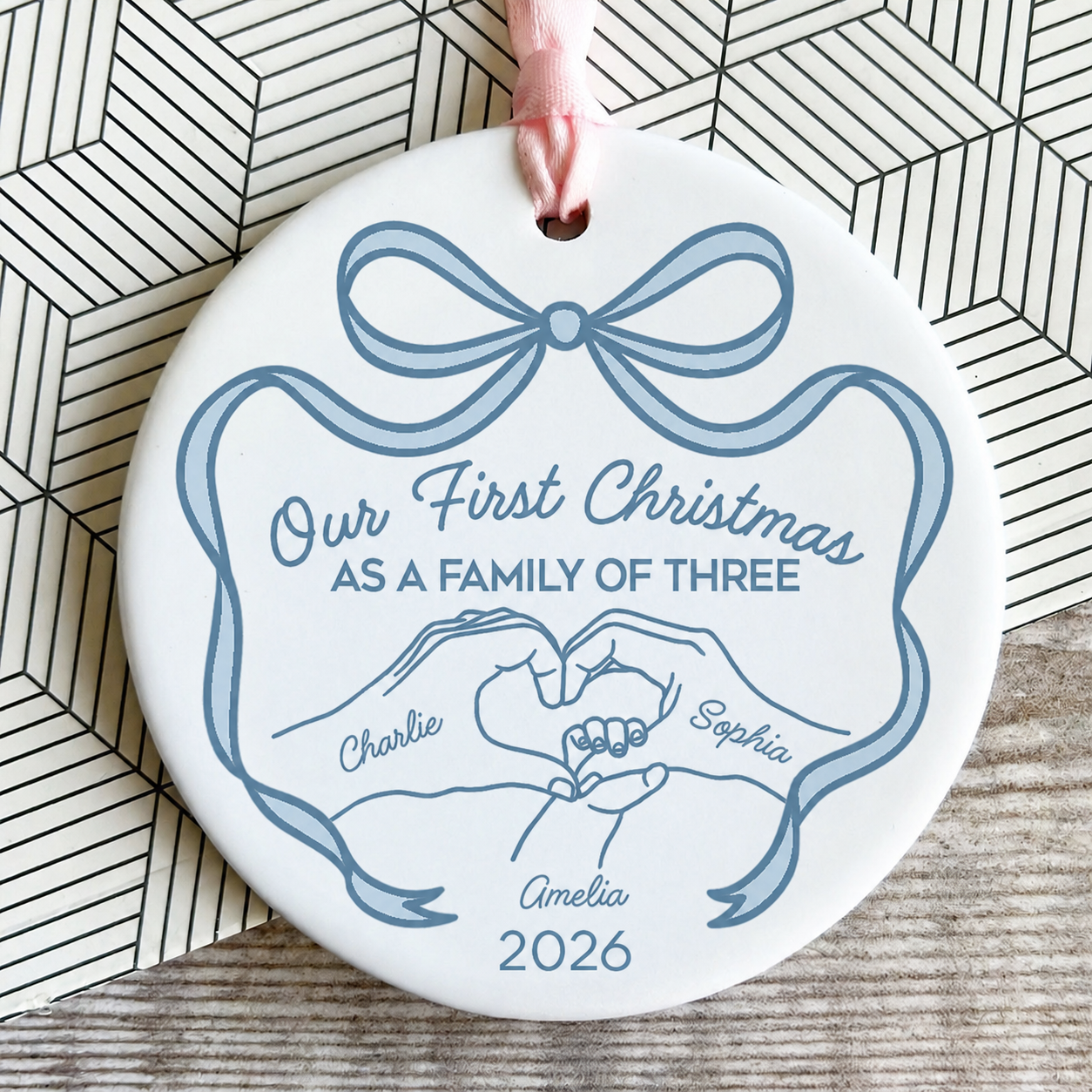 Family Heart Hand First Christmas As Family Of Three Christmas Personalized Ceramic Ornament