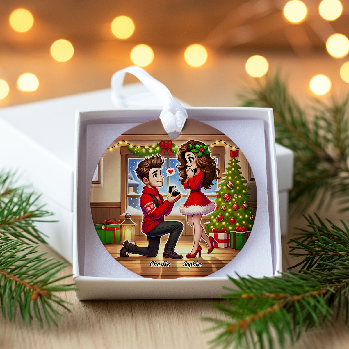 Cartoon Couple Marriage Proposal Personalized Christmas Ceramic Ornament, Custom Just Engaged Gifts for Couples