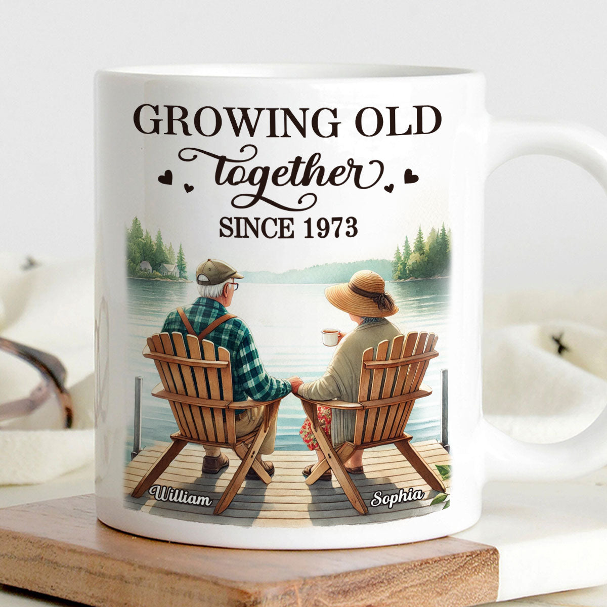 Back View Old Couple Sitting Together On The Lake Dock Personalized Mug, Heartfelt  Gift For Him, For Her, Husband, Wife