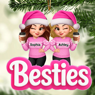 Pink Besties Sisters 3D Effect - Personalized Acrylic Ornament - Christmas Gift for Best Friends, for Sisters