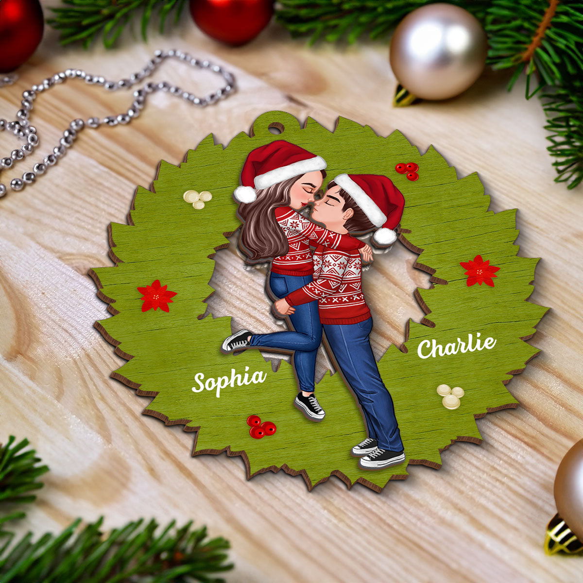Wreath Christmas Couple Kissing Personalized 2-Layer Wooden Ornament