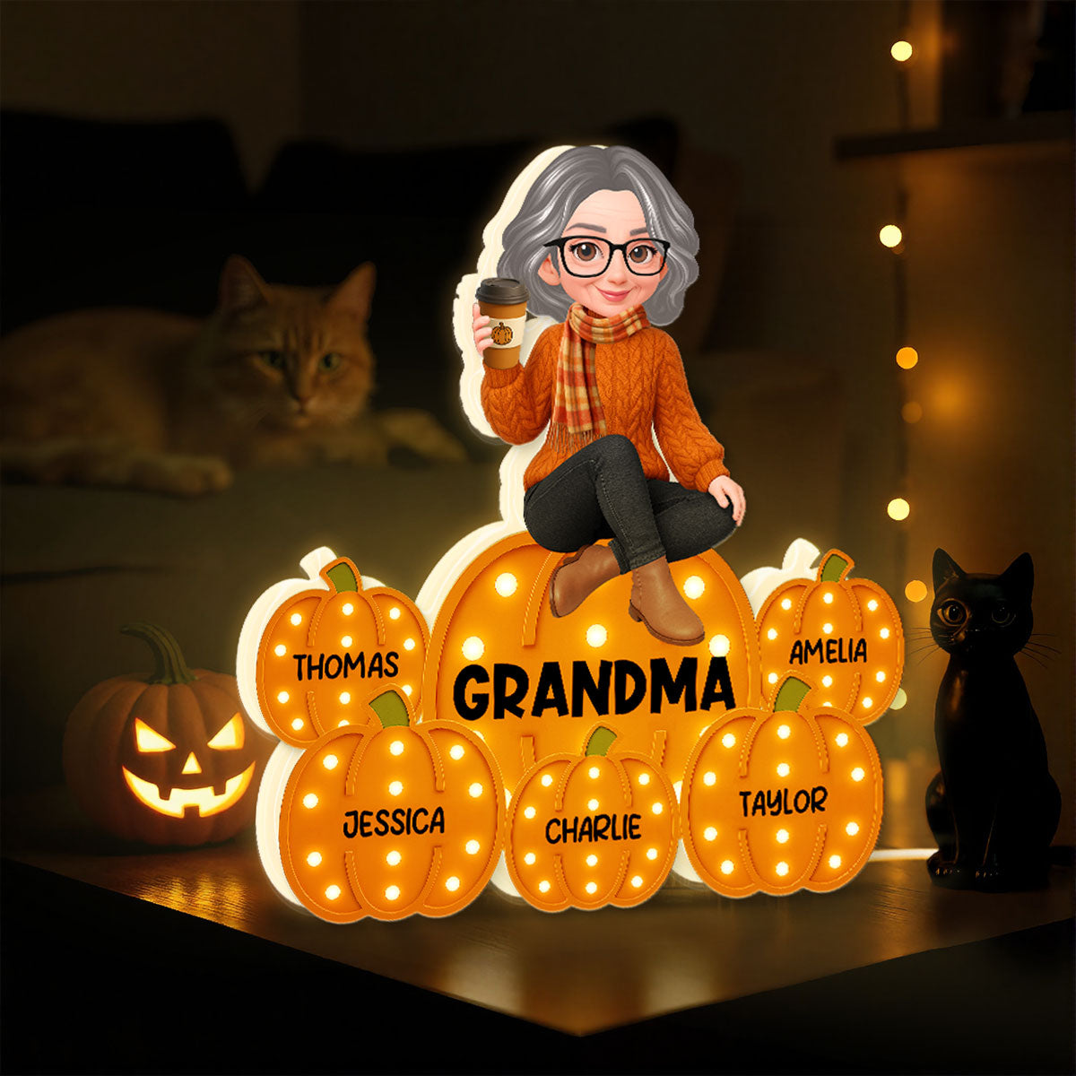 Fall Season Grandma Marquee Pattern Texture Pumpkins Kids Names Personalized LED Light Box