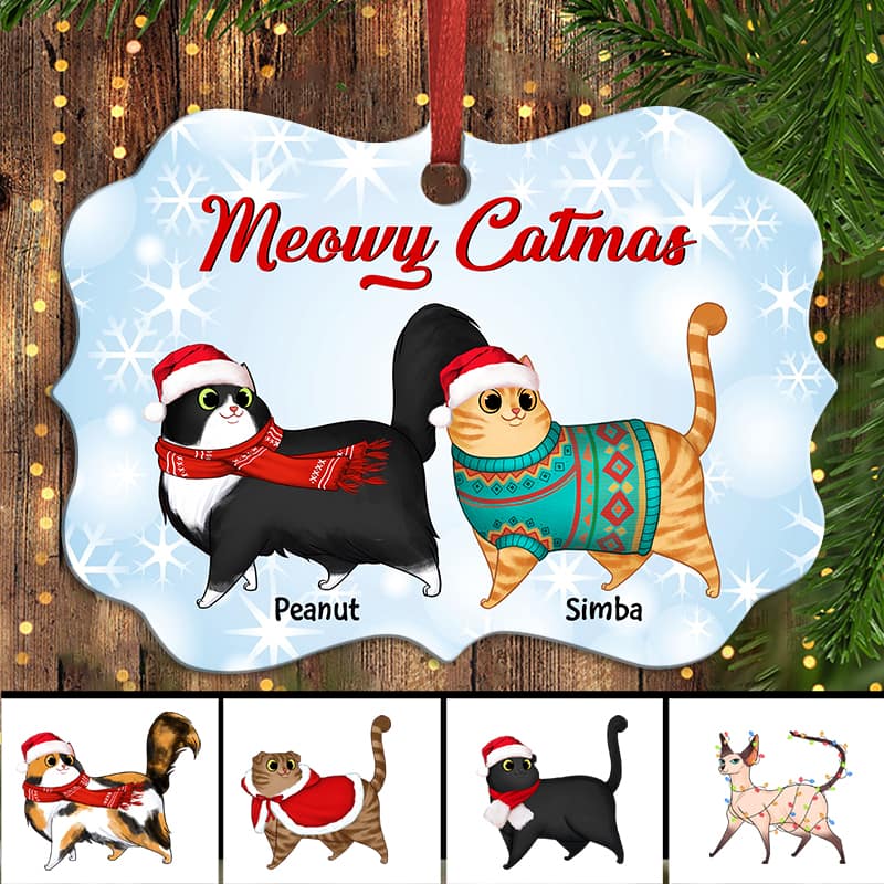 Meowy Catmas Cartoon Walking Cat Sparkling Personalized Christmas Ornament