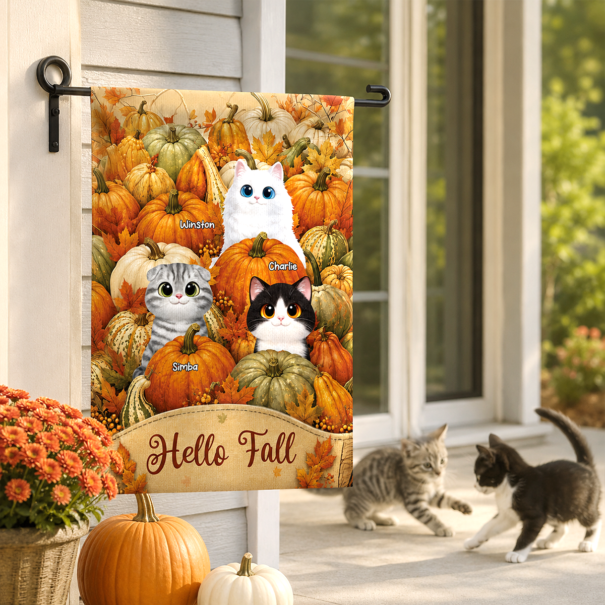 Hello Fall Cute Cat Peeking In Fall Pumpkin Patch - Personalized Garden Flag - Fall Season Decor For Cat Lover
